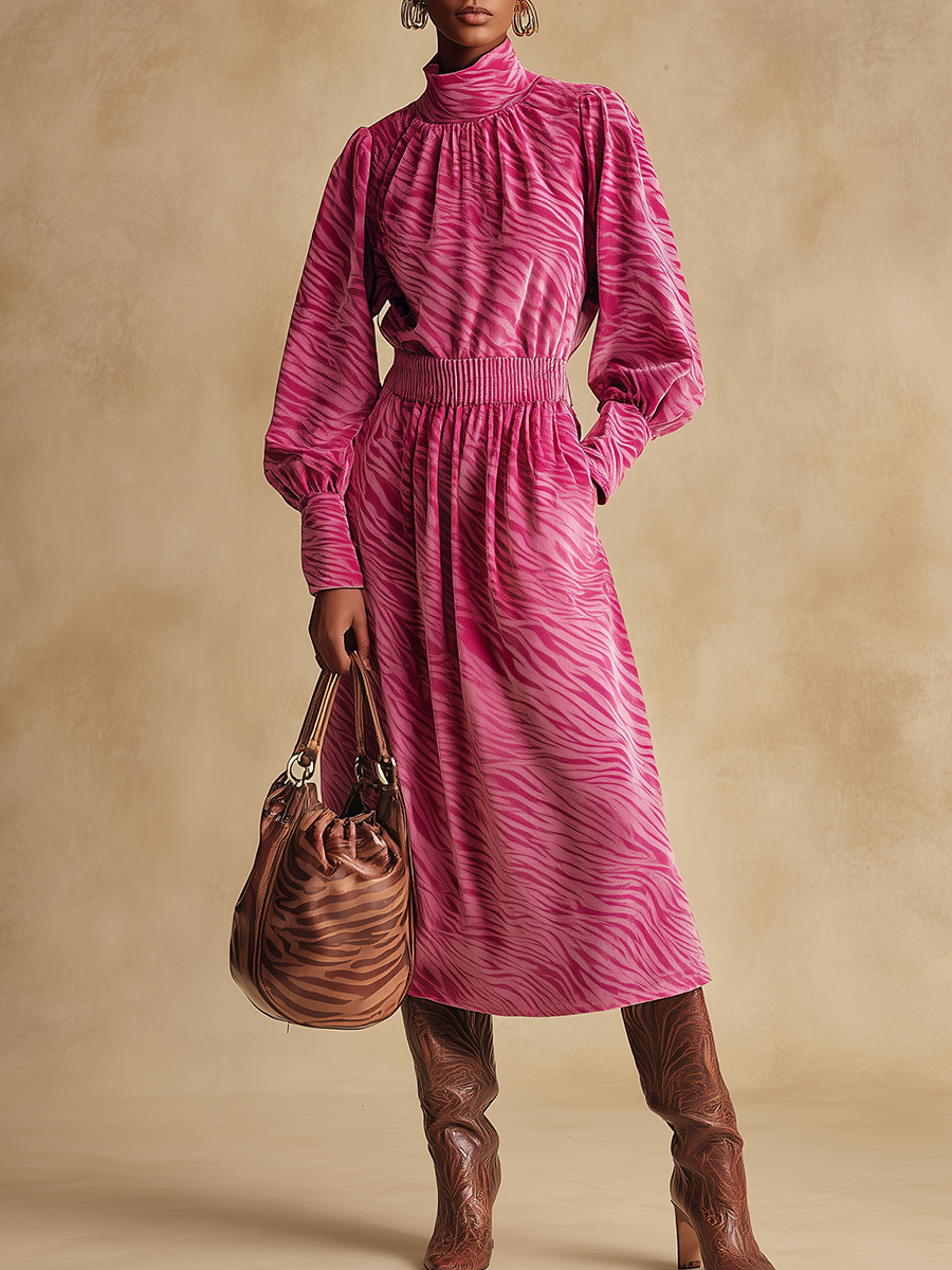 Elegant Retro Stand-up Collar Zebra Print Long-sleeved Velvet Dress