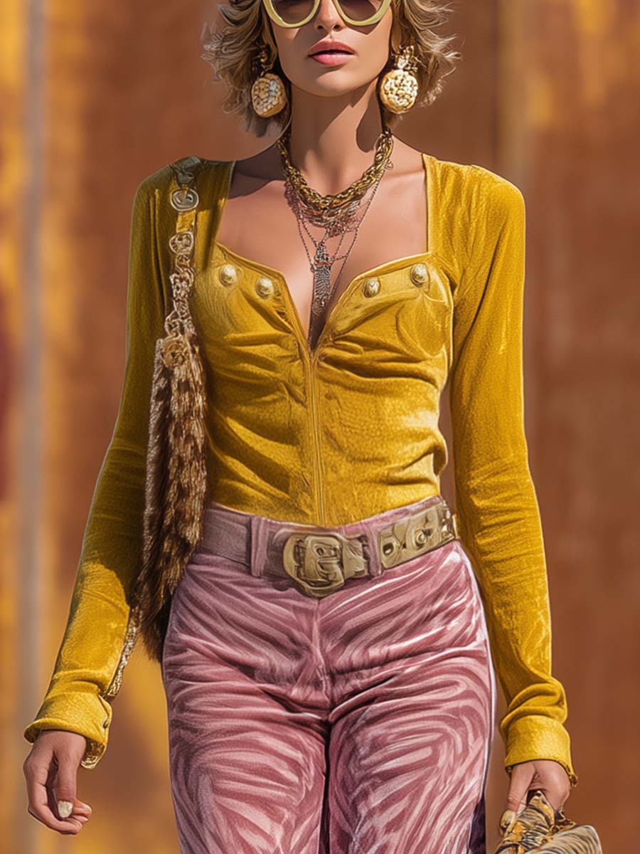 Retro Personality Exquisite Versatile Gold Velvet Bottoming Top