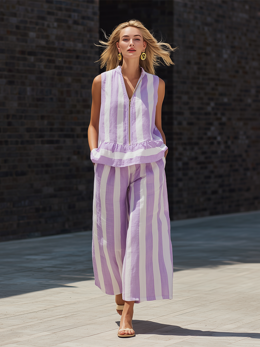 Casual Purple And White Striped Cotton Linen Sleeveless Top And Wide Leg Pants Set