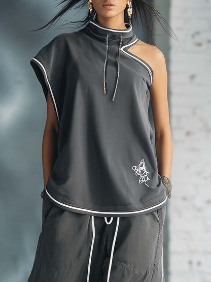 Casual Athletic Workwear Style Stand-up Collar One-shoulder Gray Cotton Top And Pants Set