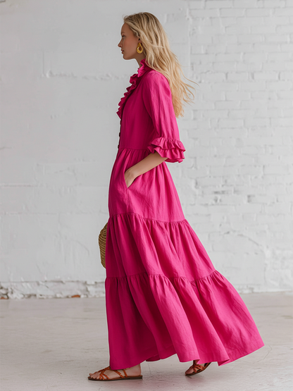 Retro Pink Cotton Linen Ruffled Button Maxi Dress