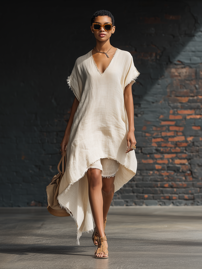 Stylish Minimalist V-Neck Short-Sleeve Asymmetrical Hem Frayed Trim Dress And Shorts White Cotton-Linen Set