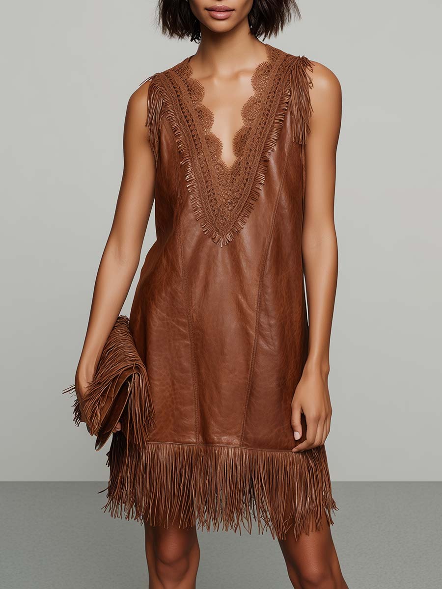 City West Vintage Lace V-neck Tassel Trim Brown Faux Leather Mini Dress