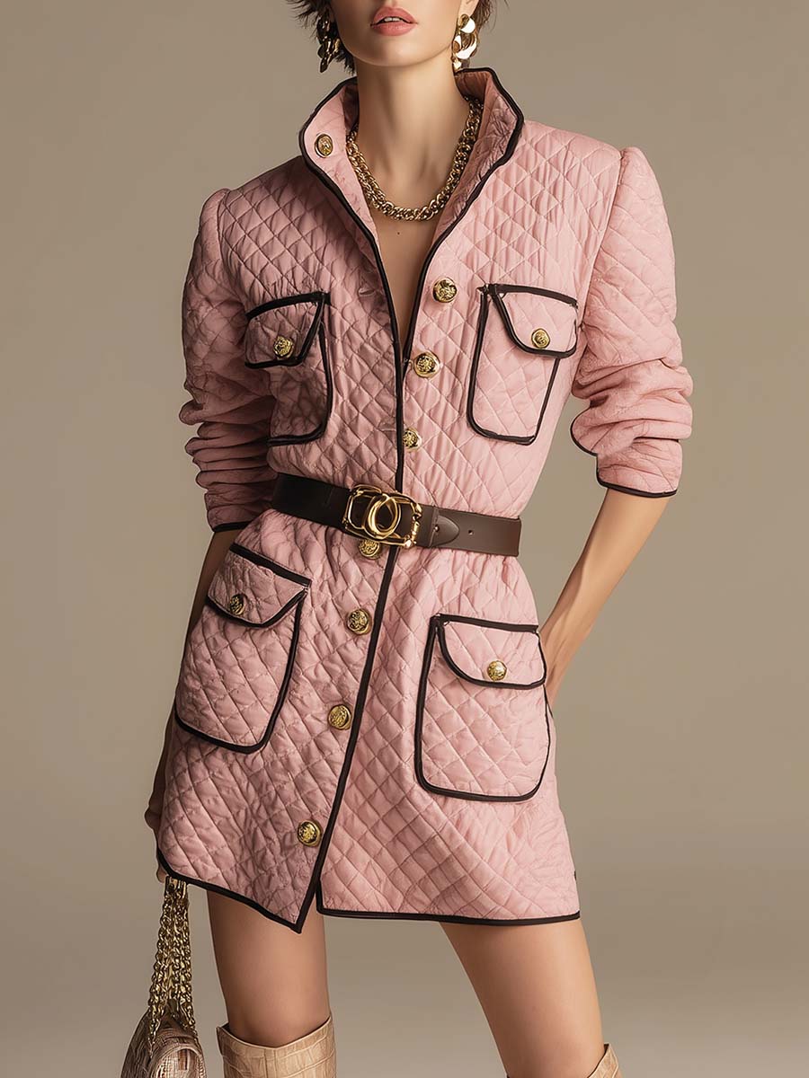 Exquisite And Fashionable Retro Lapel Front Button Brown Trim Pink Quilted Cotton Mini Dress