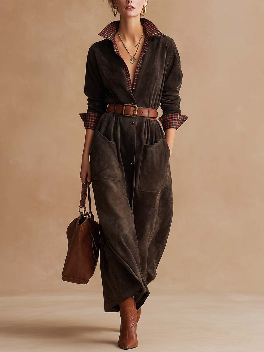Temperament Retro Dark Brown Suede Stitching Red And Green Plaid Lapel Collar And Cuffs Maxi Dress