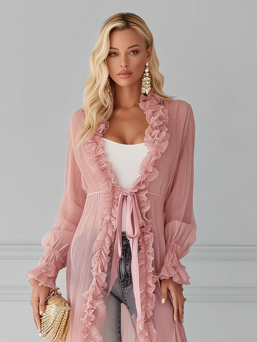 Urban Casual Pink Chiffon Ruffled Tie front Long Cardigan