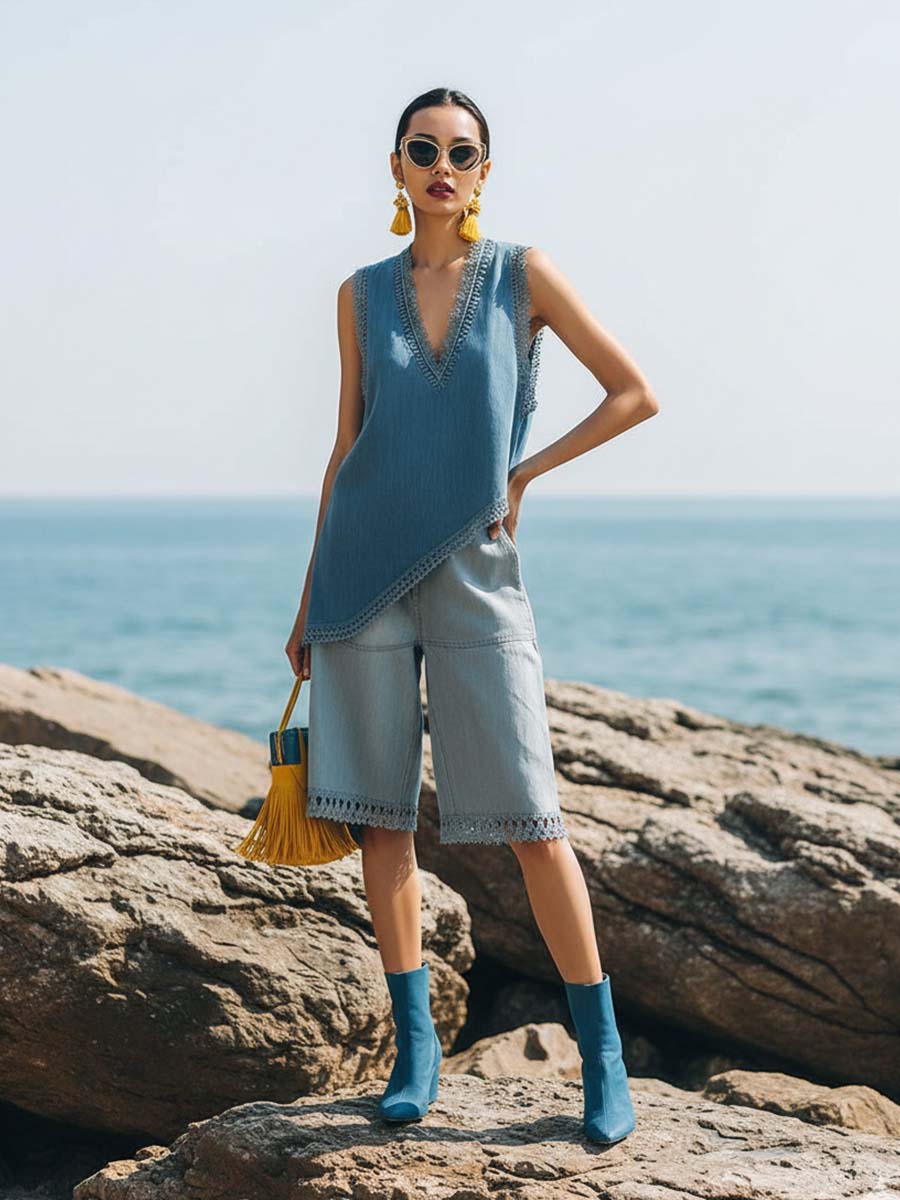 Casual Urban Style Lace-trimmed V-neck Asymmetrical Blue Denim Top And Shorts Set