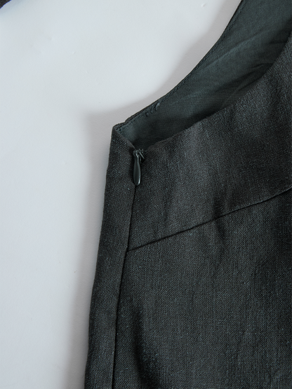 Gray Cotton And Linen Sleeveless One Shoulder Top With Tie Detail And Wide Leg Pants Set