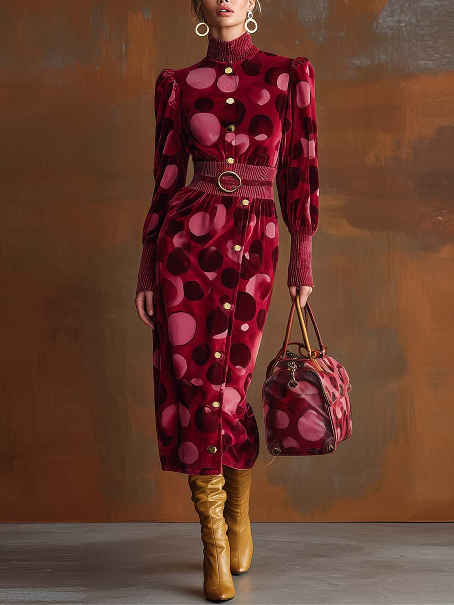 Exquisite Retro Fashion High Collar Bubble Shoulder Burgundy Velvet Polka Dot Print Slit Midi Dress