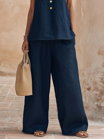 Casual Urban Halter Neck V-neck Front Button Dark Blue Cotton Linen Top And Pants Set