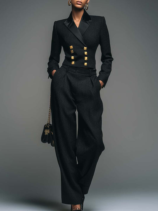 Retro Fashion Black Peak Lapel Cropped Blazer And Trousers Suit