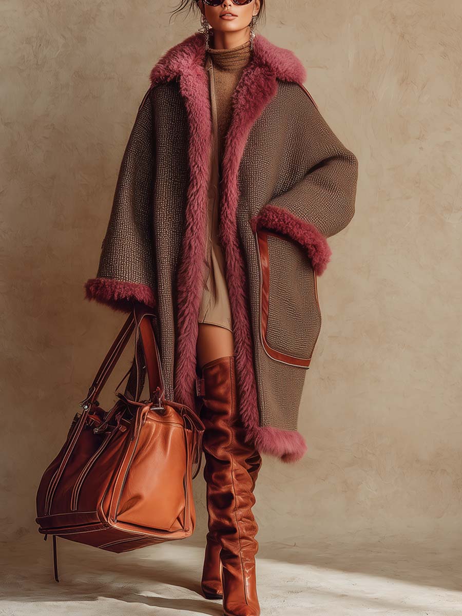 Vintage Ultra-loose Warm Raspberry Red Faux Raw Edges And Lining Brown Fine Plaid Coat