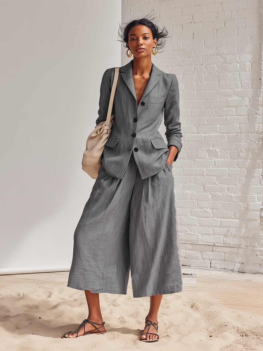 Loose Fitting Gray Cotton And Linen Suit With Lapel Jacket And Wide Leg Trousers Set