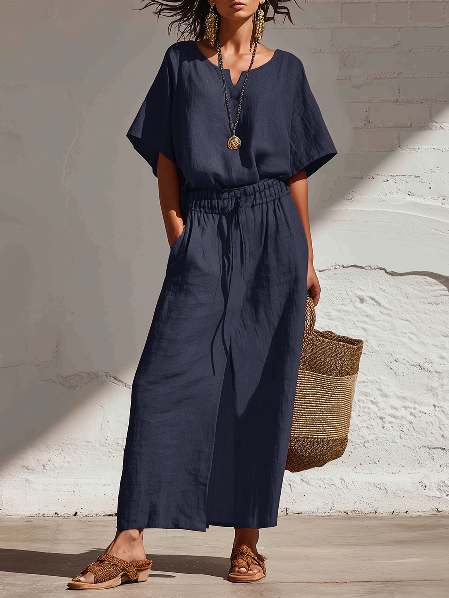 Bohemian Style Blue Cotton And Linen Batwing Sleeve Top And Slit Skirt Set