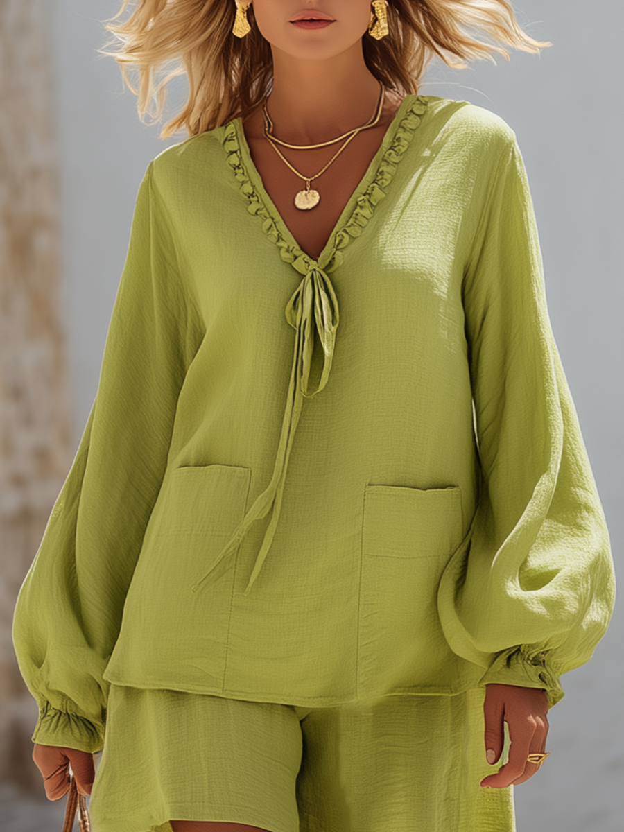 Casual Lime Green Cotton Linen V-Neck Top And Wide Leg Shorts Set