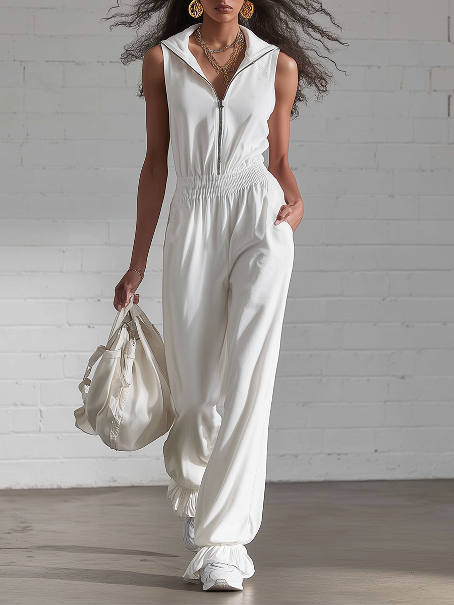 Sporty White Knitted With A Lapel Collar Zipper And Ruffled Details Jumpsuit