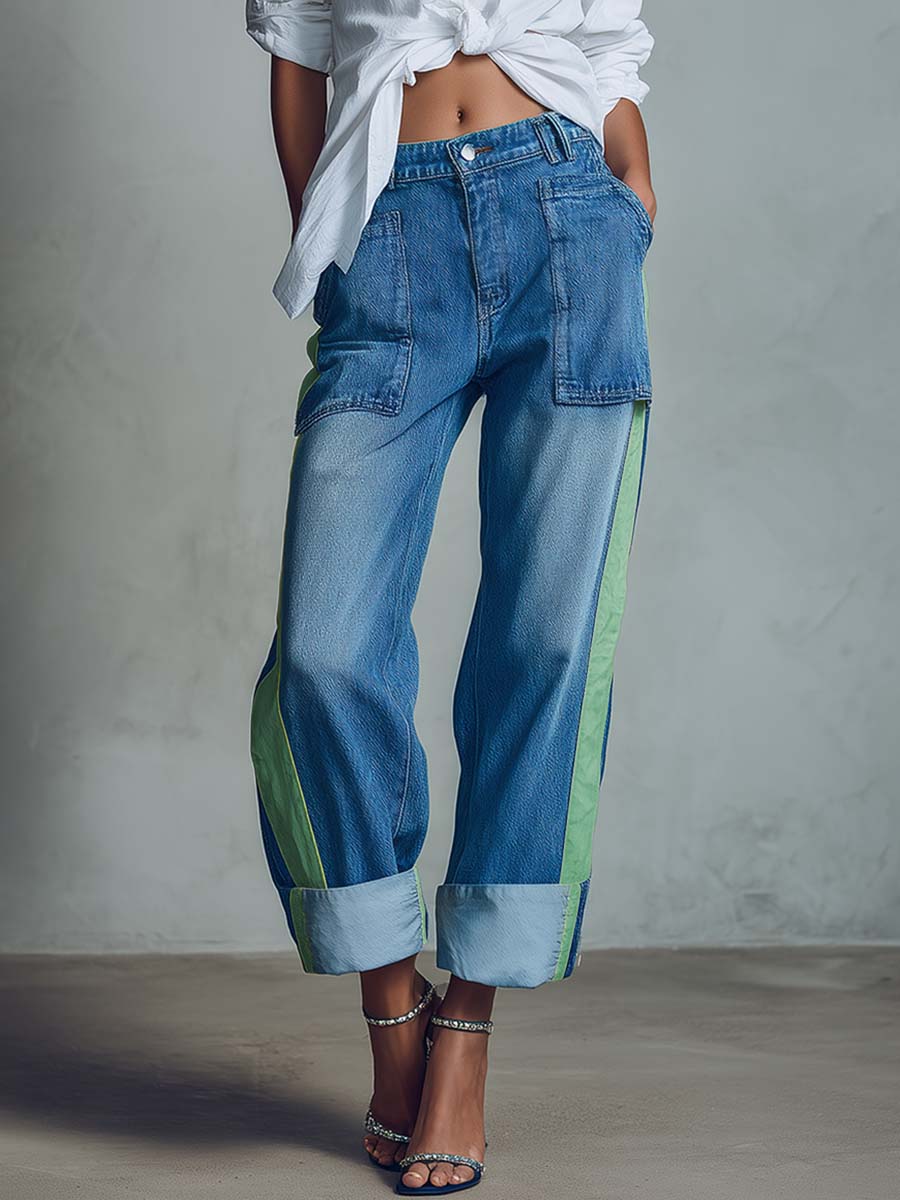 Casual And Stylish  Mint Green Trim Light Blue Denim Straight-leg Pants