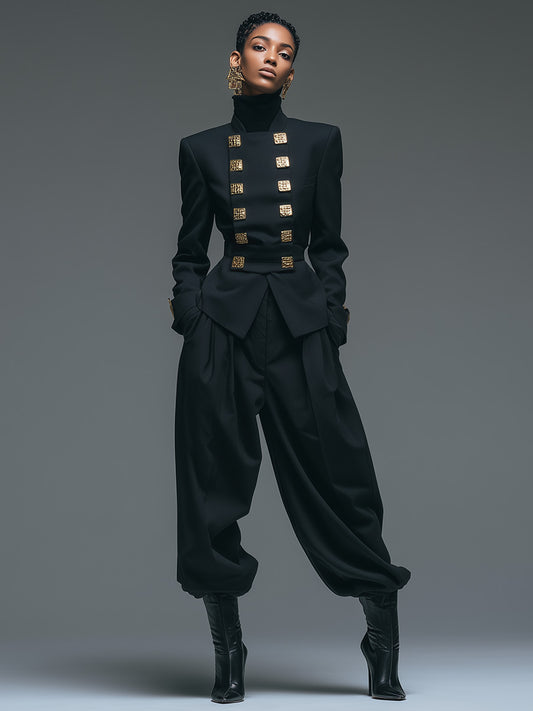 Retro Stand-up Collar Double-breasted Metal Decoration, Black X-shaped Blazer And Wide Pants Suit