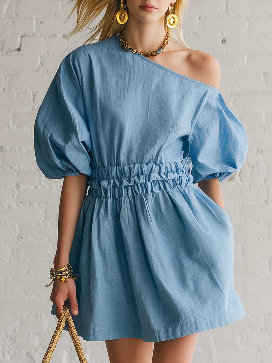 Casual Blue Cotton Linen With Elastic Waist And One Shoulder Design Mini Dress