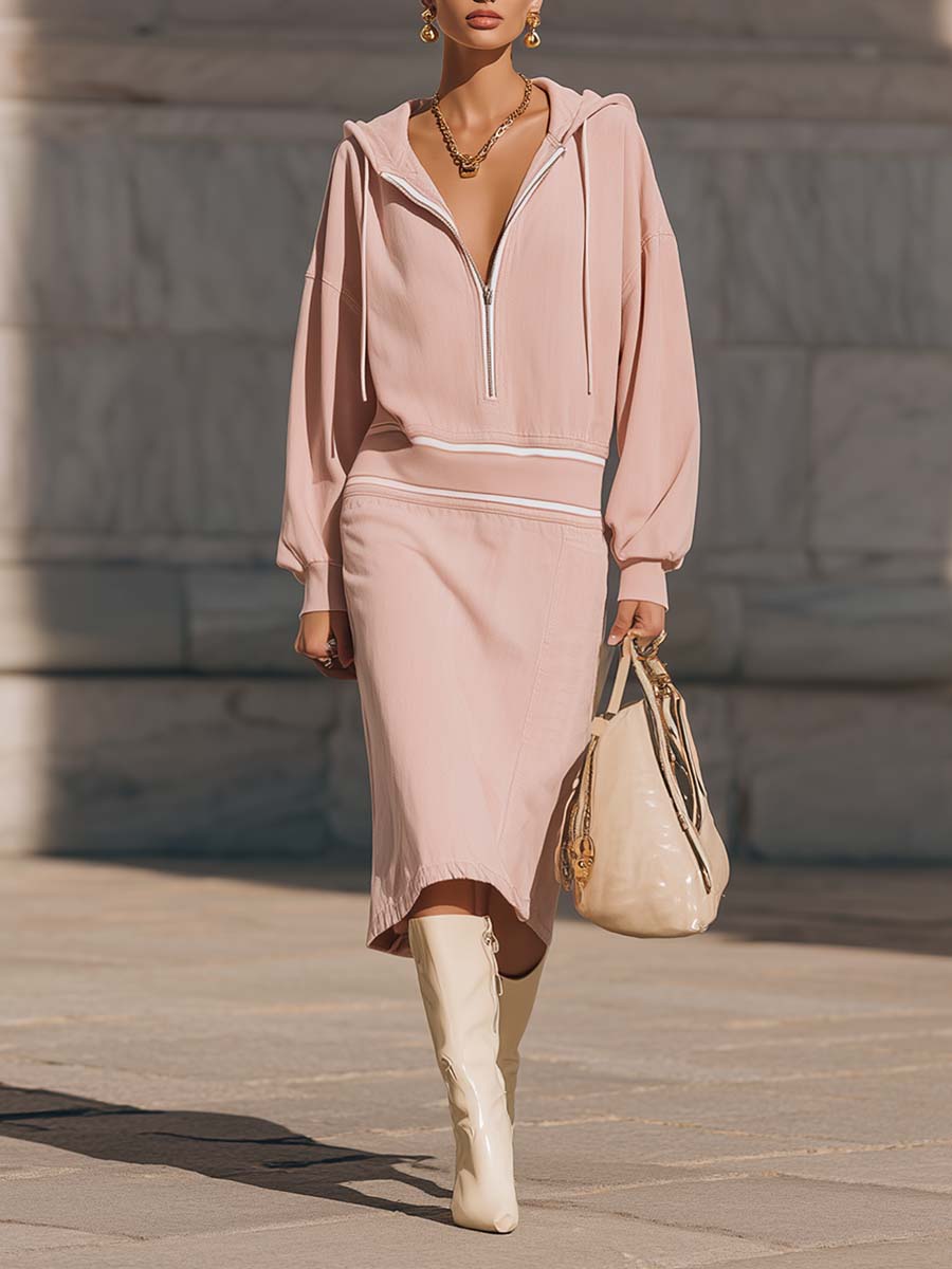 Retro Fashion Urban Light Pink Sports Cotton V-neck Front Zipper Hooded Midi Dress