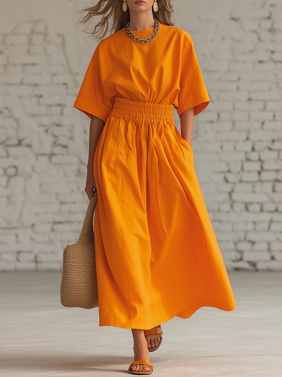 Retro Urban Orange Cotton Linen Loose Fitting Short Sleeved Top And Skirt Set