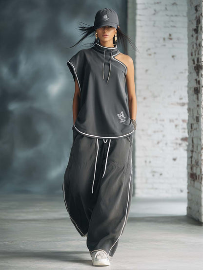 Casual Athletic Workwear Style Stand-up Collar One-shoulder Gray Cotton Top And Pants Set