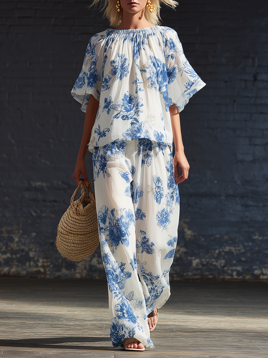 Casual White Chiffon Printed Short Sleeved Top And Wide Leg Pants Set