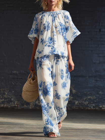 Casual White Chiffon Printed Short Sleeved Top And Wide Leg Pants Set