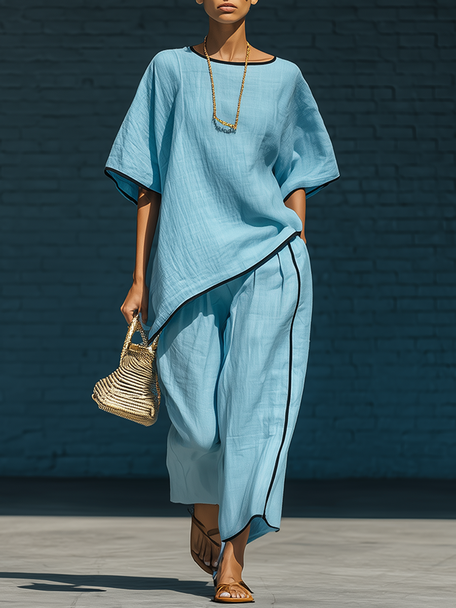 Stylish Simple Loose-fitting Short-sleeved Irregular Hem Top And Wide-leg Pants Blue Cotton Set