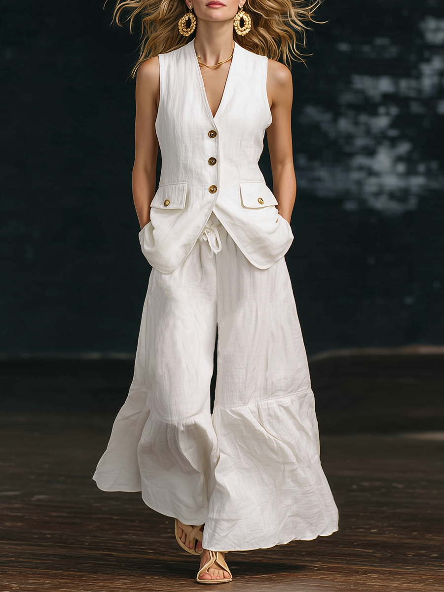 White Casual Cotton Linen V-neck Sleeveless Top And Wide Leg Flared Pants Set