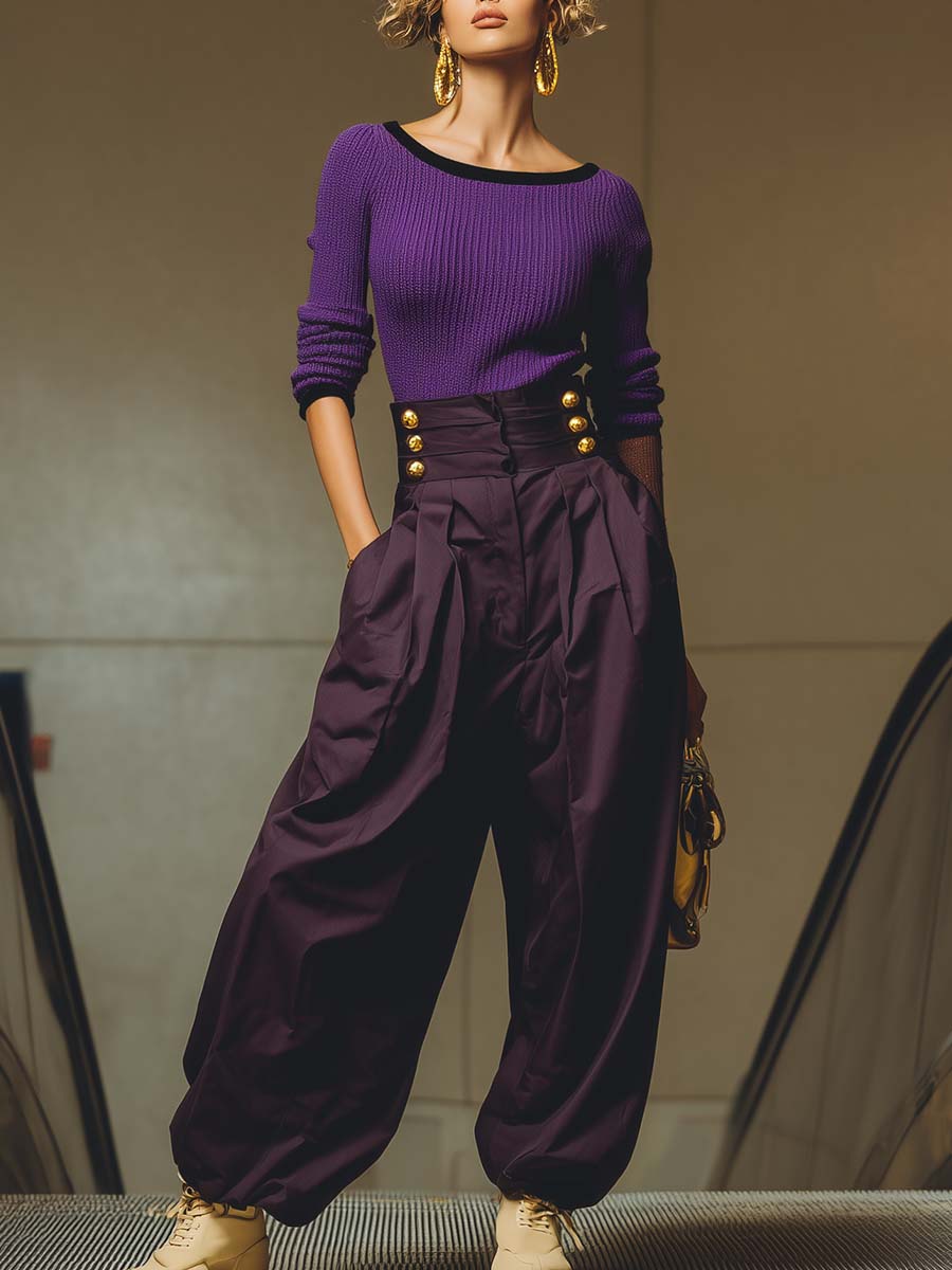 Retro Exquisite Dark Purple Large Round Neck Knitted Top And Waist Metal Button Wide Pants Set
