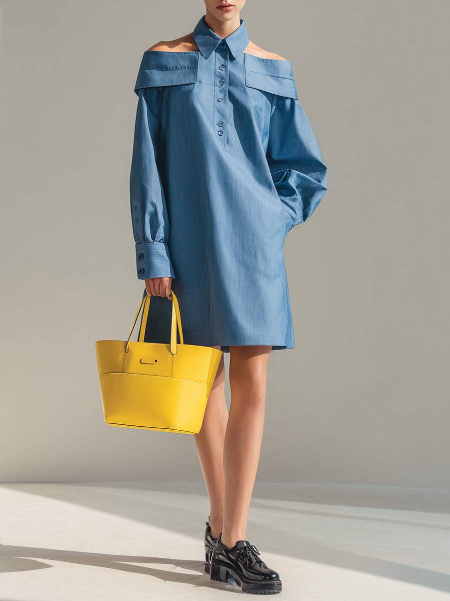 Retro-style Loose-fitting Long-sleeved Collared Off-the-shoulder Denim Blue Mini Dress