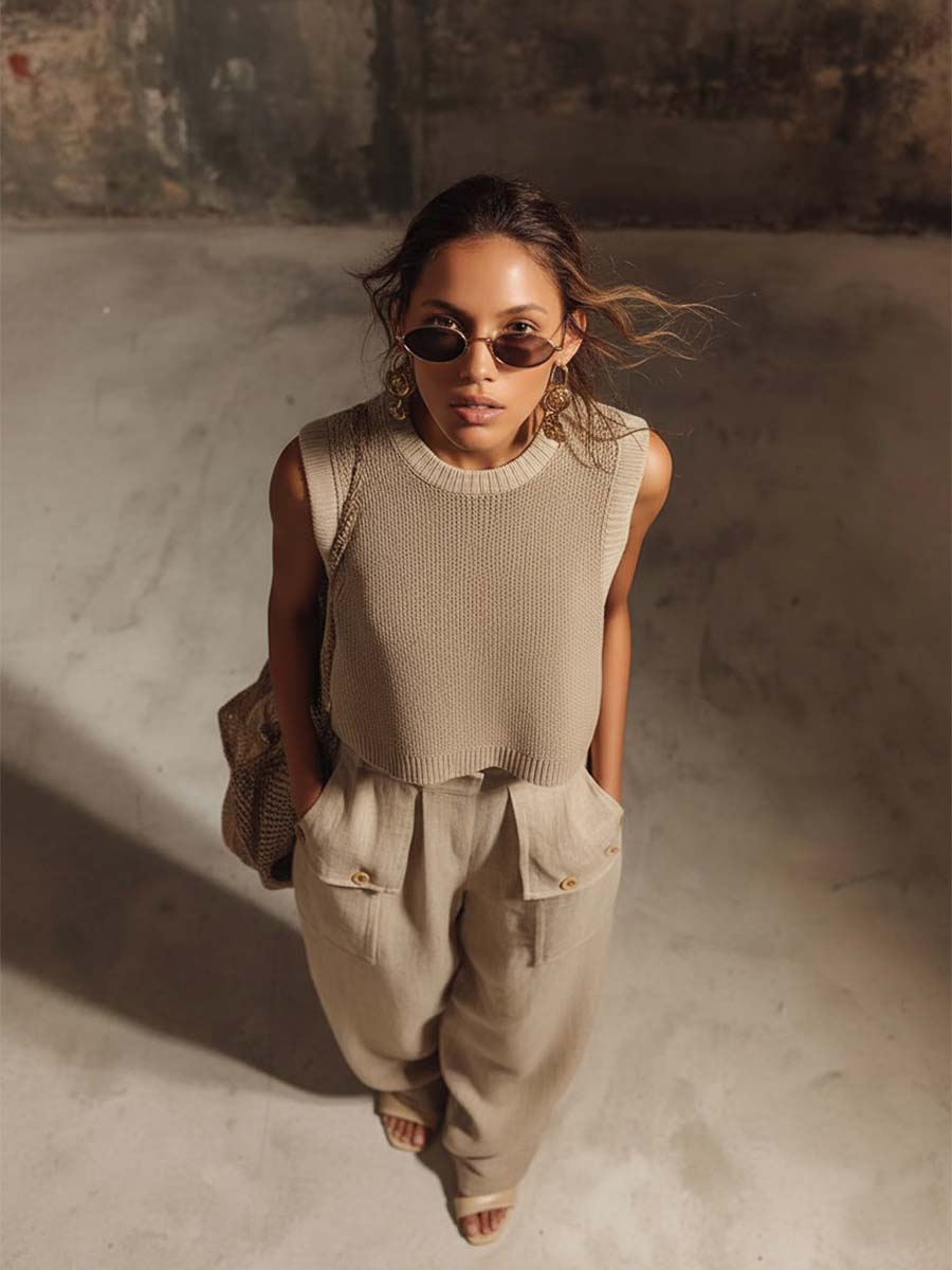 Casual Breathable Urban Style Beige Knitted Top And Cotton Pants Set