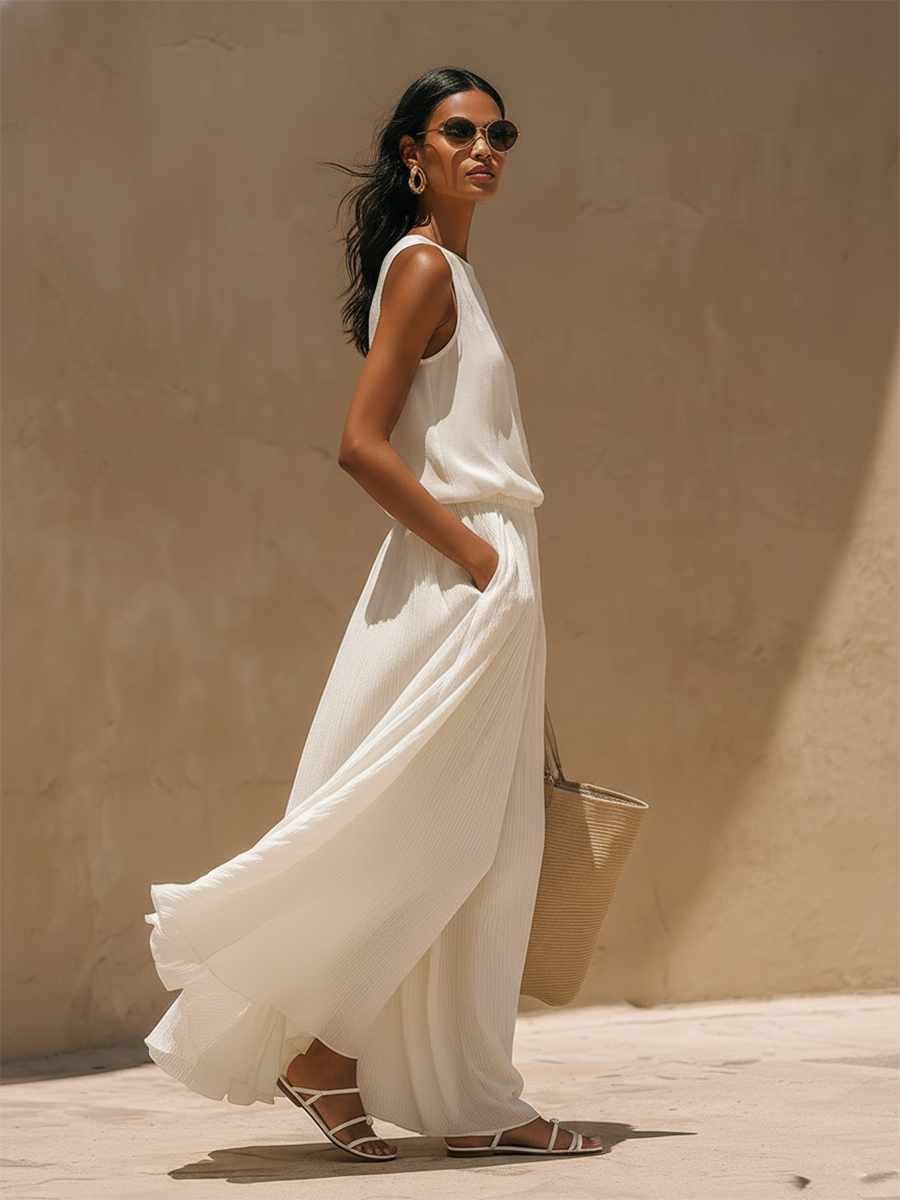 Stylish Simple Loose-fitting Sleeveless Round-neck Top And Pleated Long Skirt White Chiffon Set