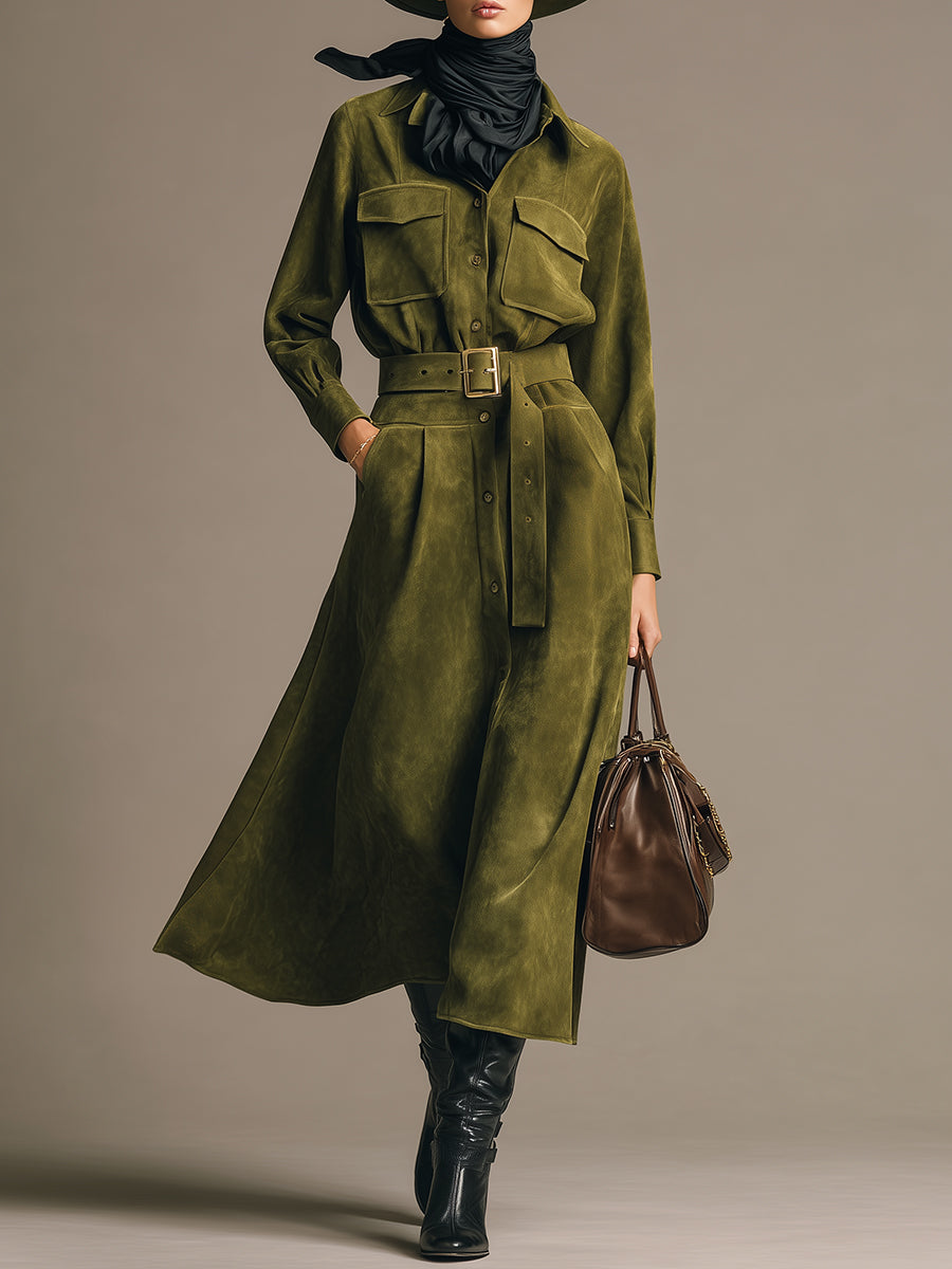 Retro Fashion Green Faux Suede Leather Workwear Midi Dress