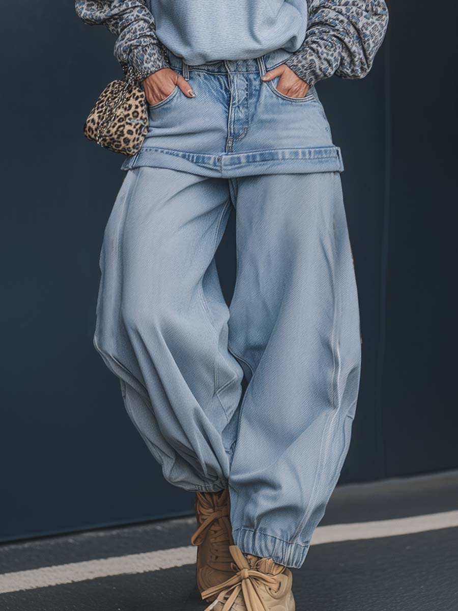 Fashion Street Loose Light Blue Denim Fake Two-piece Skirt Pants