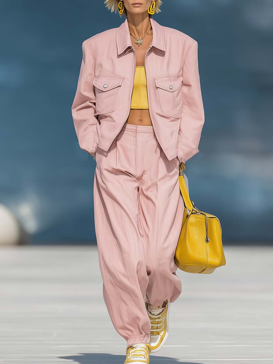 Fashion Street Pink Workwear Front Zipper Jacket And Pants Set