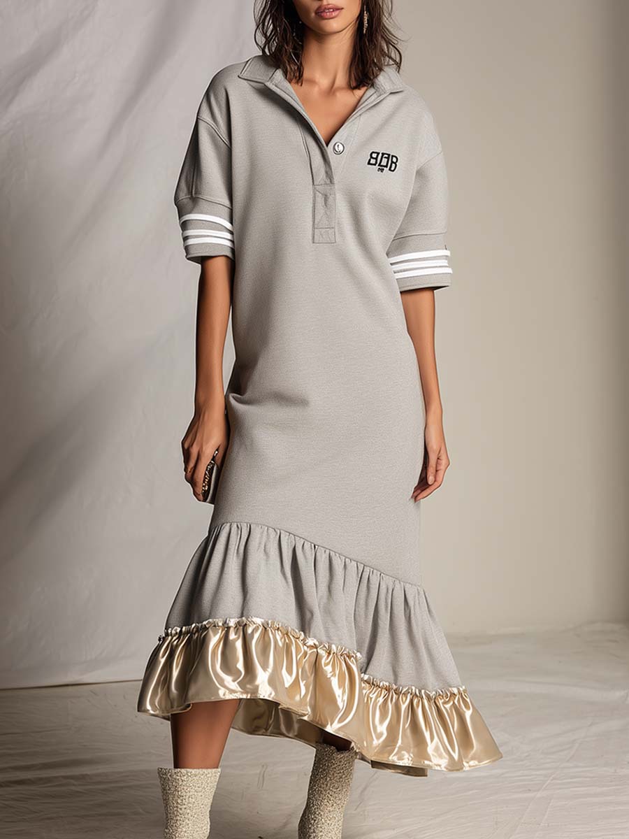 Elegant Sporty Lapel Front Button Short Sleeves Gold Satin Ruffled Hem Light Gray Cotton Midi Dress