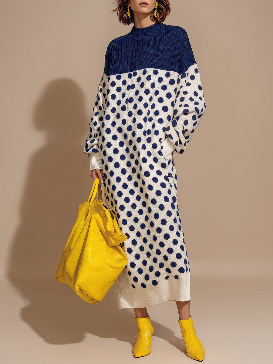 Retro And Fashionable Dark Blue Polka Dot White Knitted Maxi Dress