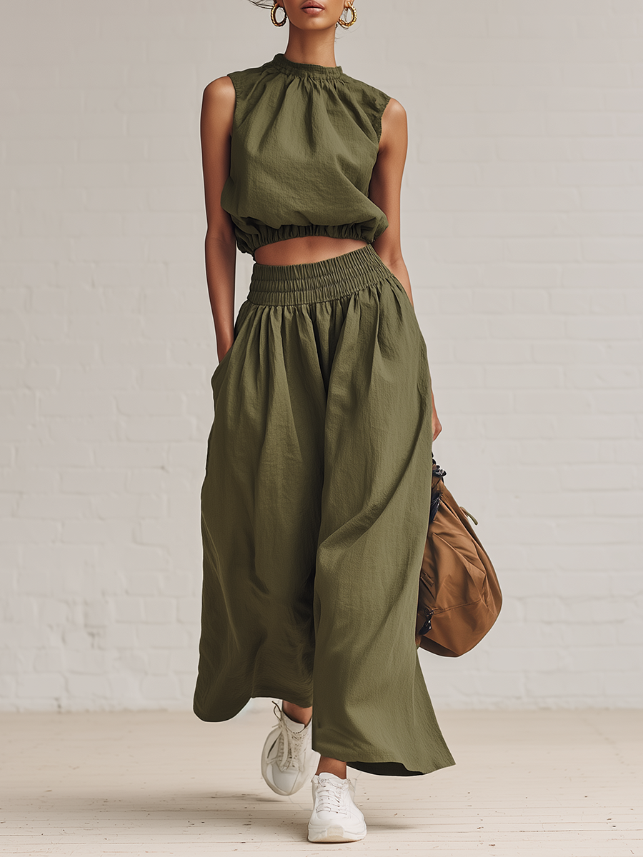 Casual Olive Green Linen Sleeveless Crop Top And Elasticated Wide Leg Trousers Set