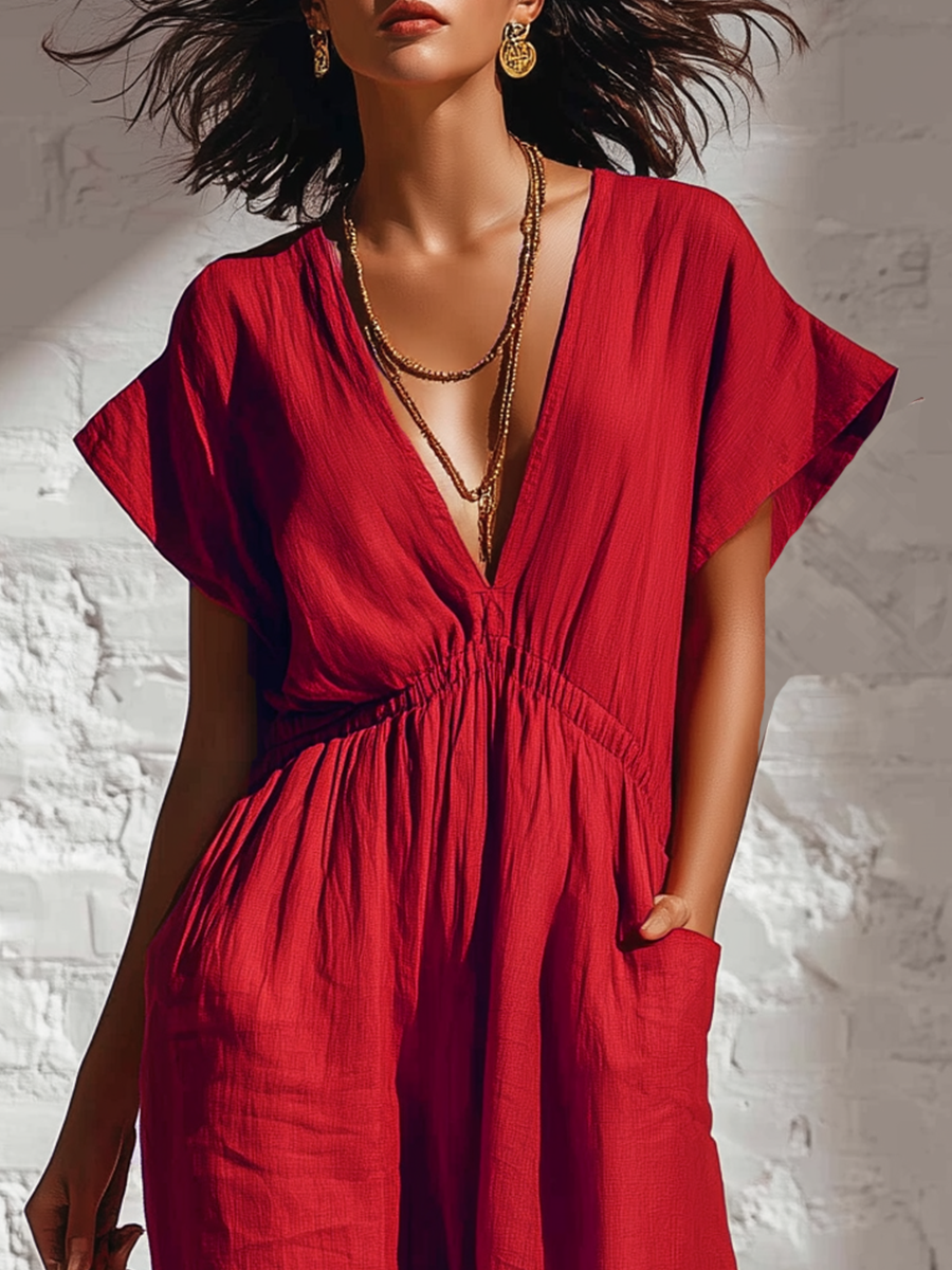 Red Cotton And Linen Batwing Sleeve V-neck With Elastic Waistband Jumpsuit