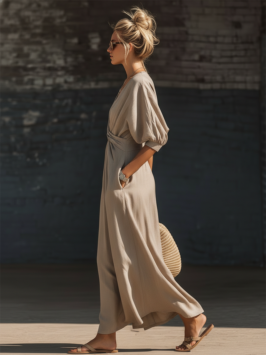 Stylish Simple Loose-fitting Short-sleeved V-neck Front Knot Gray Cotton Maxi Dress