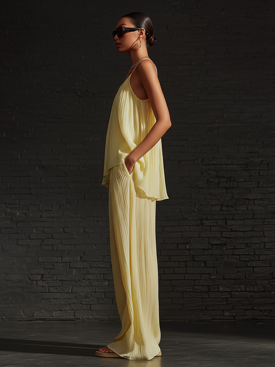 Stylish Simple Sleeveless Camisole Pleated Top And Draped Wide-leg Pants Yellow Chiffon Set