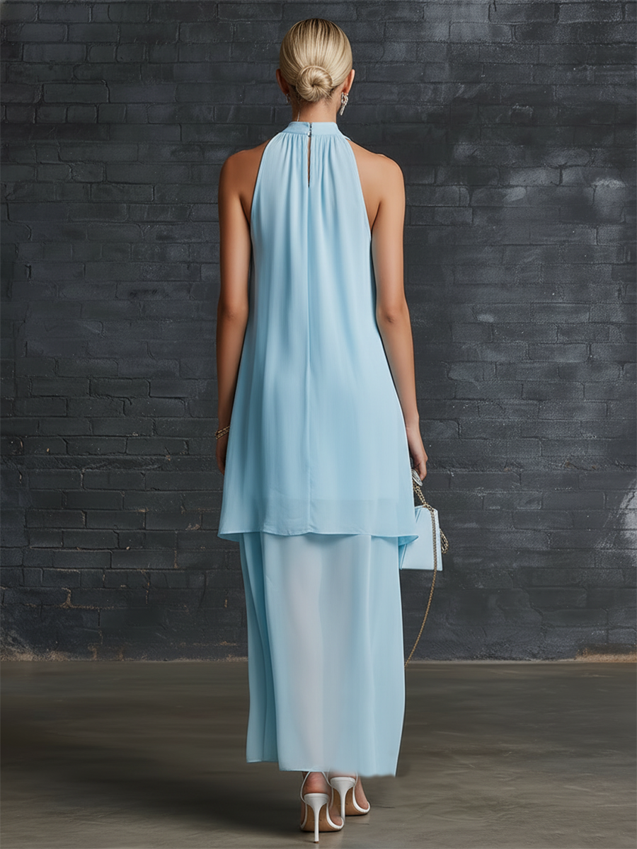 Stylish Simple Loose-fitting Sleeveless Stand-neck Double-layered Pleated Blue Chiffon Maxi Dress