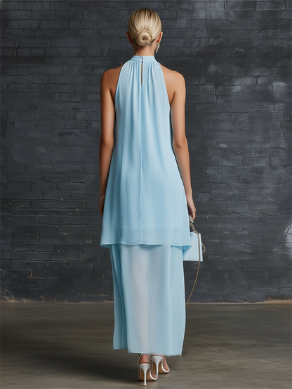 Stylish Simple Loose-fitting Sleeveless Stand-neck Double-layered Pleated Blue Chiffon Maxi Dress