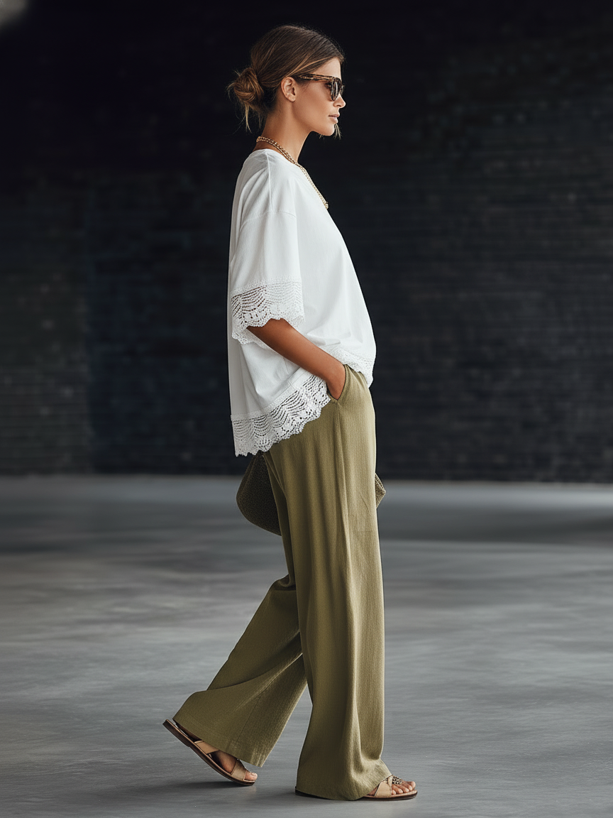 Stylish Simple Short-Sleeve Crewneck Chest Embroidery Lace Hem Top And Olive Green Straight-Leg Trousers Cotton Set