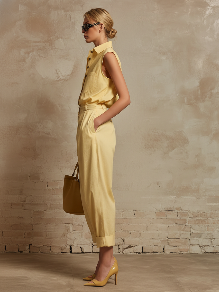 Stylish Minimalist Sleeveless Collared Button-Front Top And Wide-Leg Trousers Yellow Cotton Set