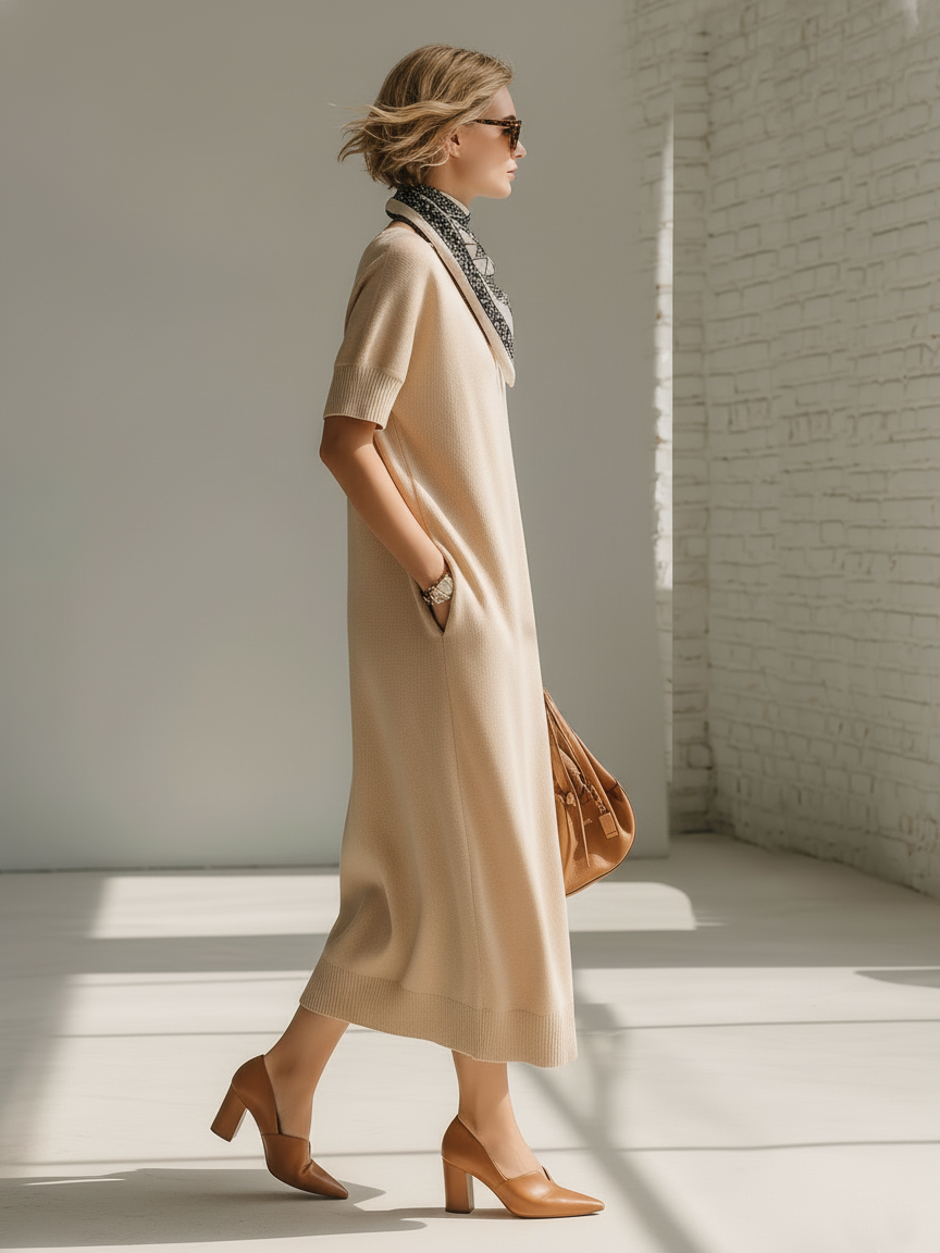 Stylish Minimalist Short Sleeve V-Neck Ribbed Trim Beige Knitted Maxi Dress