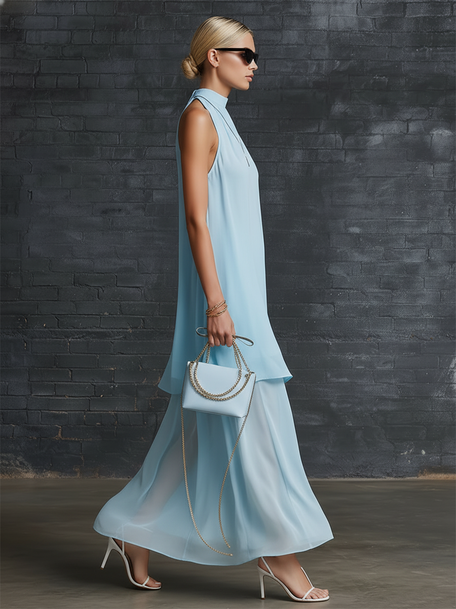 Stylish Simple Loose-fitting Sleeveless Stand-neck Double-layered Pleated Blue Chiffon Maxi Dress