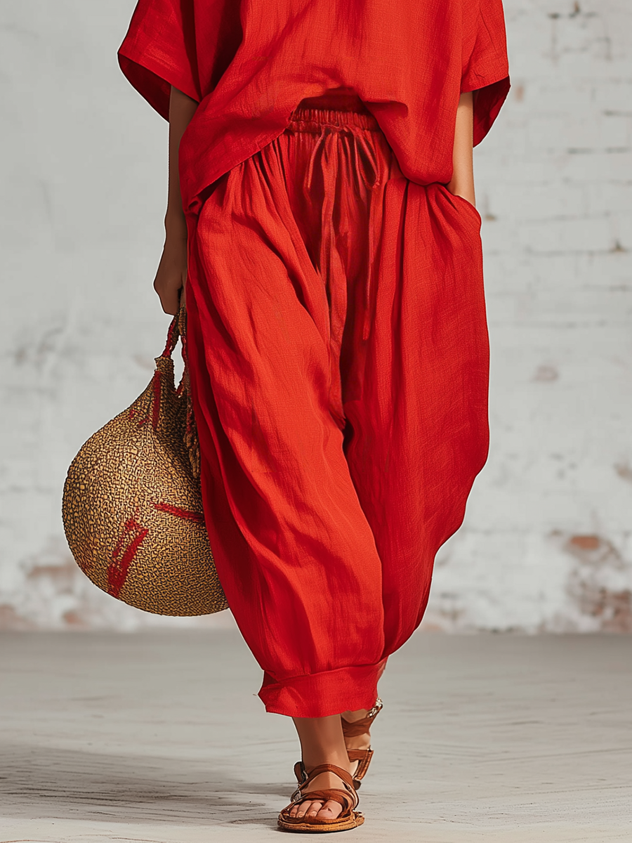 Casual Red Cotton And Linen Batwing Sleeve Top And Wide Leg Pants Set
